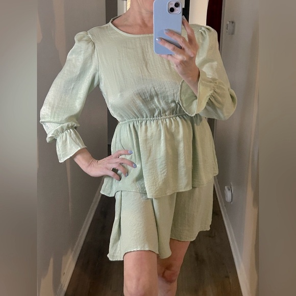 Anthropologie Flounce London Tall satin tiered mini dress in sage green - Picture 2 of 11